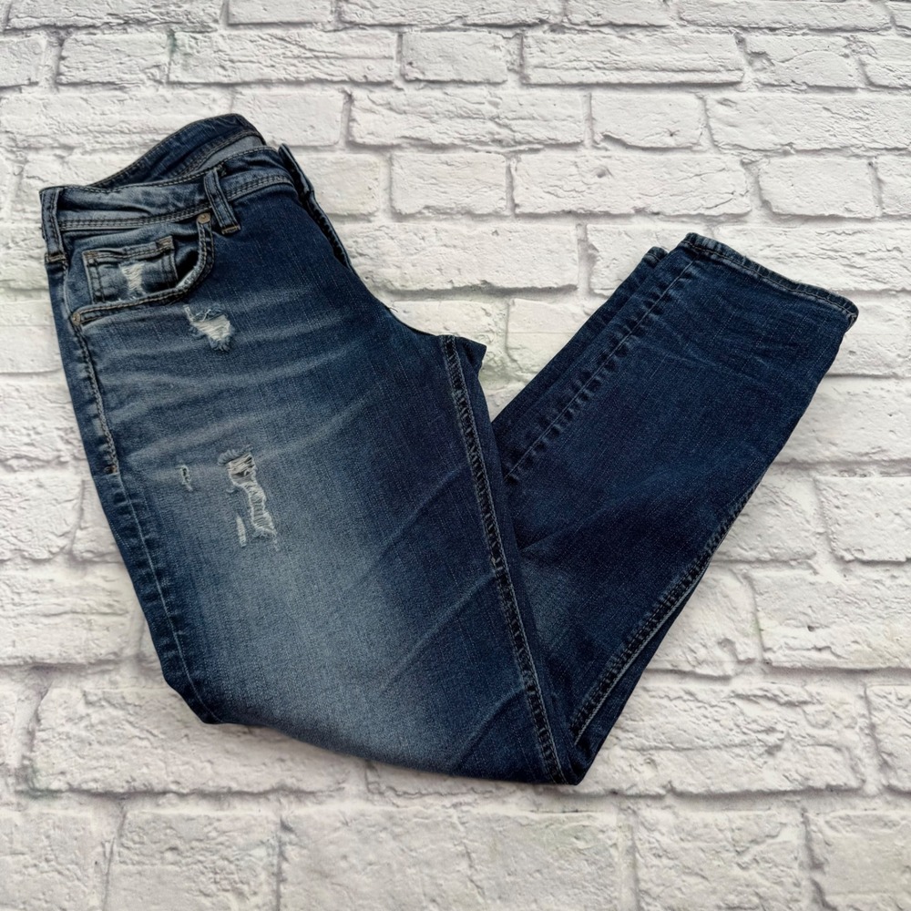 Silver Jeans Co Sam Mid Rise Skinny Distressed Dark Wash Jeans W28 L25 Stretch